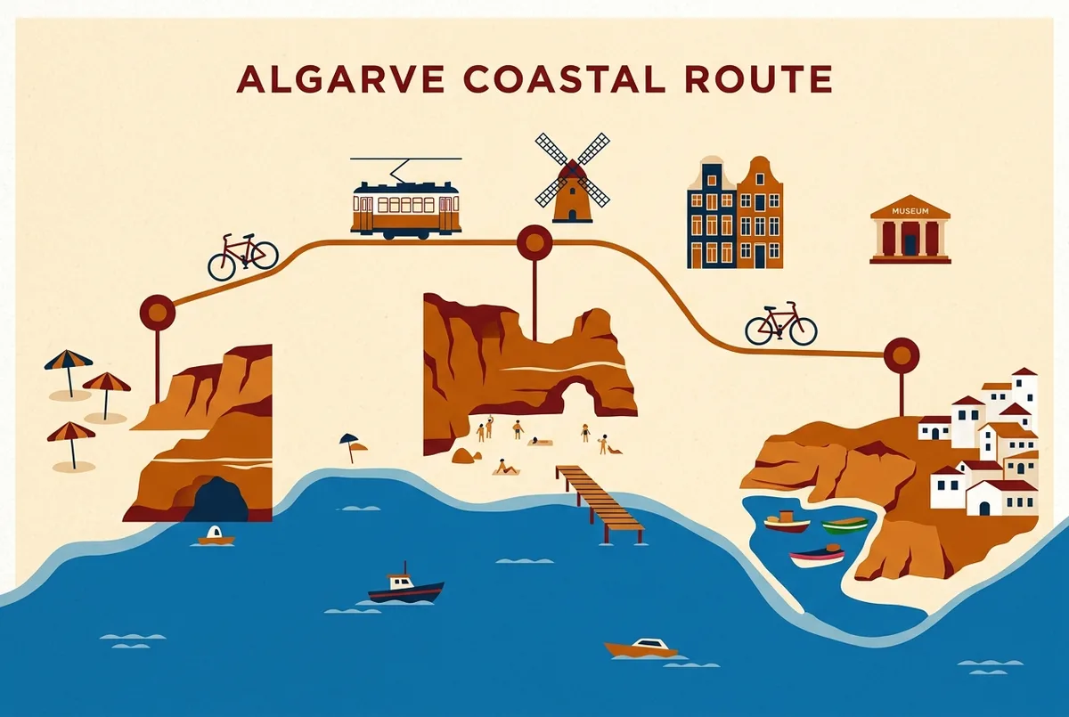 Simple stop by stop route map infographic showing a line from Benagil to Praia da Marinha to Carvoeiro, with generic beach and boardwalk icons at each stop