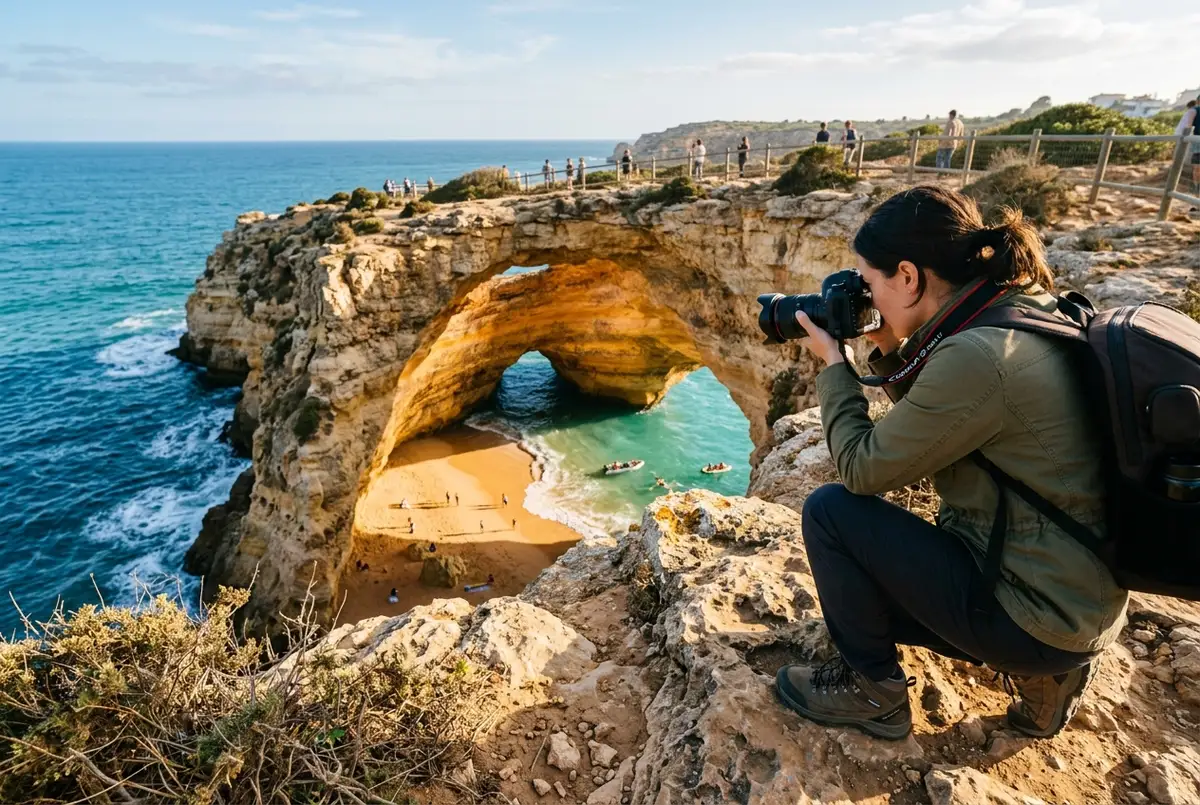 Photographer on the clifftop viewpoint above Benagil Cave framing a shot down through the golden skylight onto the sand and turquoise water below
