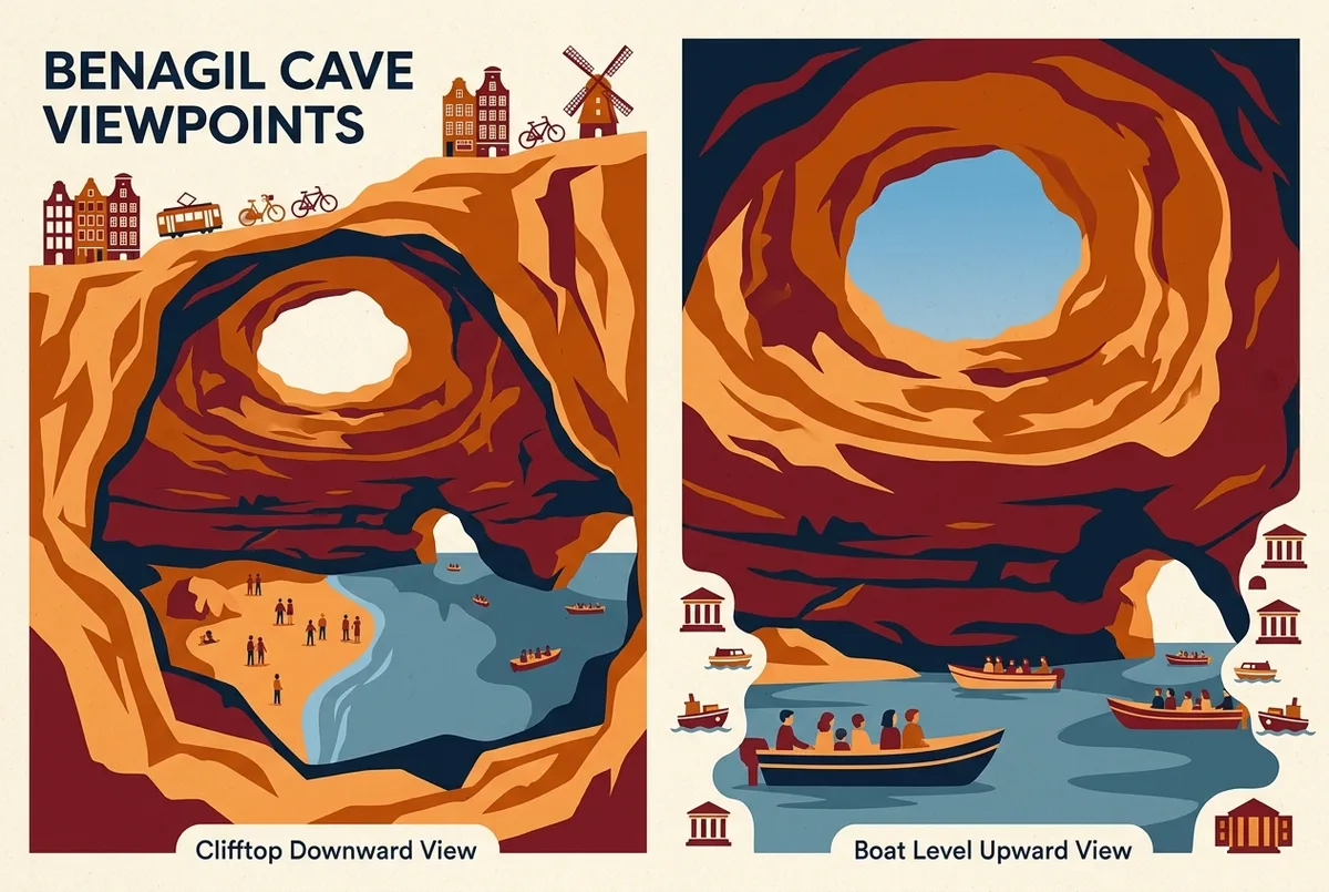 Simple side by side comparison graphic showing the clifftop downward view of Benagil Cave beside the classic boat level upward view through the same skylight