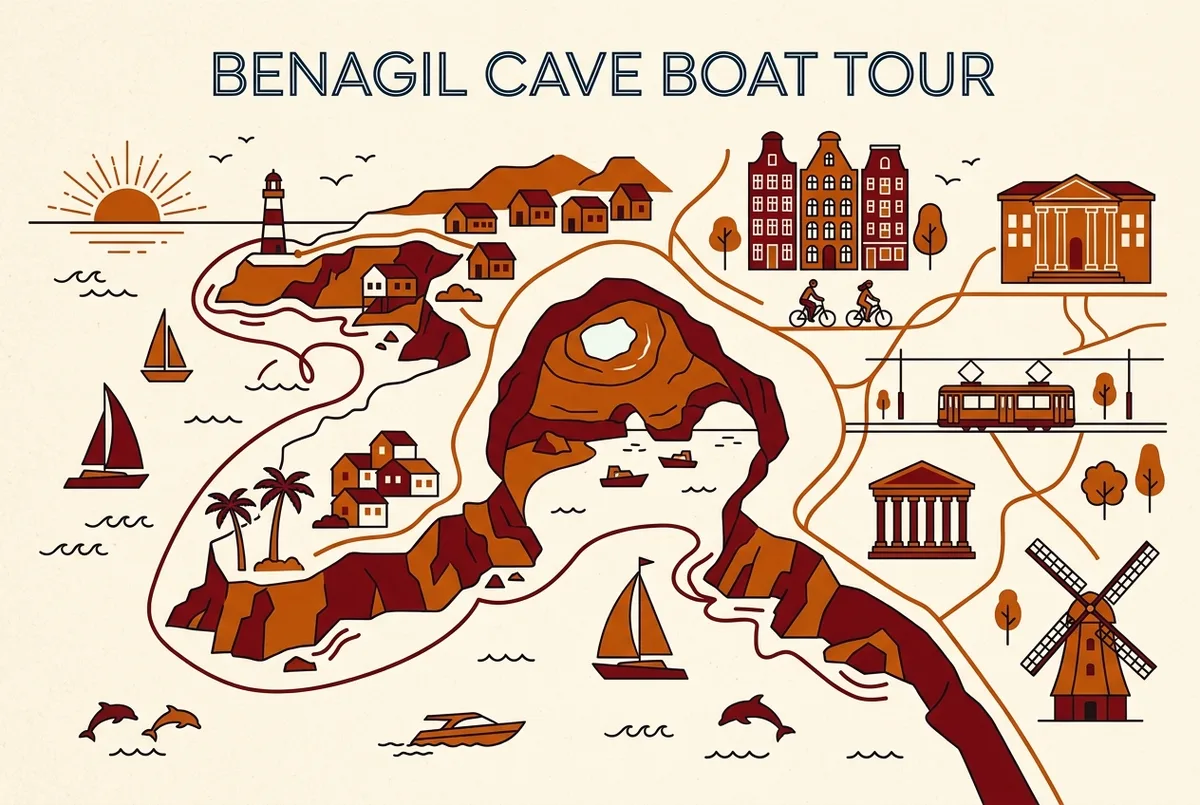 illustrated map of amsterdam highlights for Benagil Cave Boat Tour: What to Expect & How to Book, benagil cave boat tour