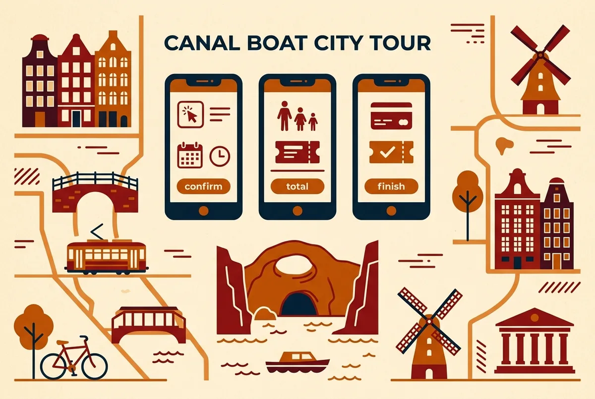 Simple flat icon infographic comparing three generic phone booking screens side by side above a labeled Benagil Cave entrance icon