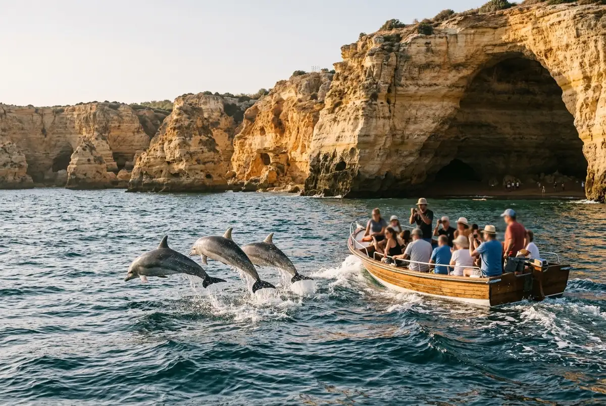 Small group of wild dolphins leaping beside a tour boat with the Algarve coastline and the entrance to Benagil Cave visible in the background