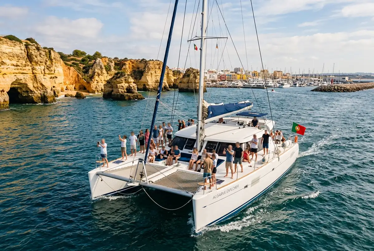 Catamaran spacieux quittant la Marina d'Albufeira en milieu de journee avec des passagers sur le pont, cap a l'ouest le long du littoral de l'Algarve vers la grotte de Benagil