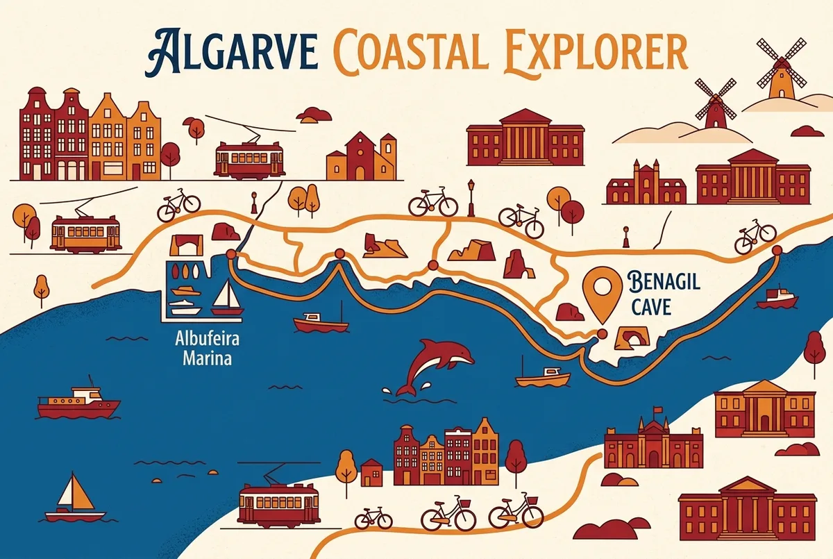 Infographie carte simple montrant une ligne de trajet depuis la marina d'Albufeira le long de la cote jusqu'a une epingle marquee grotte de Benagil, avec une icone generique de dauphin pres du trace