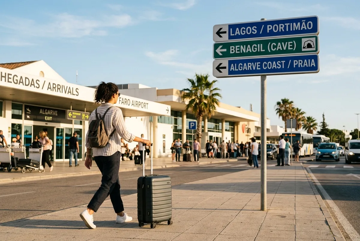 Traveler wheeling a suitcase past Faro Airport arrivals with a road sign pointing toward Benagil Cave and the Algarve coastline
