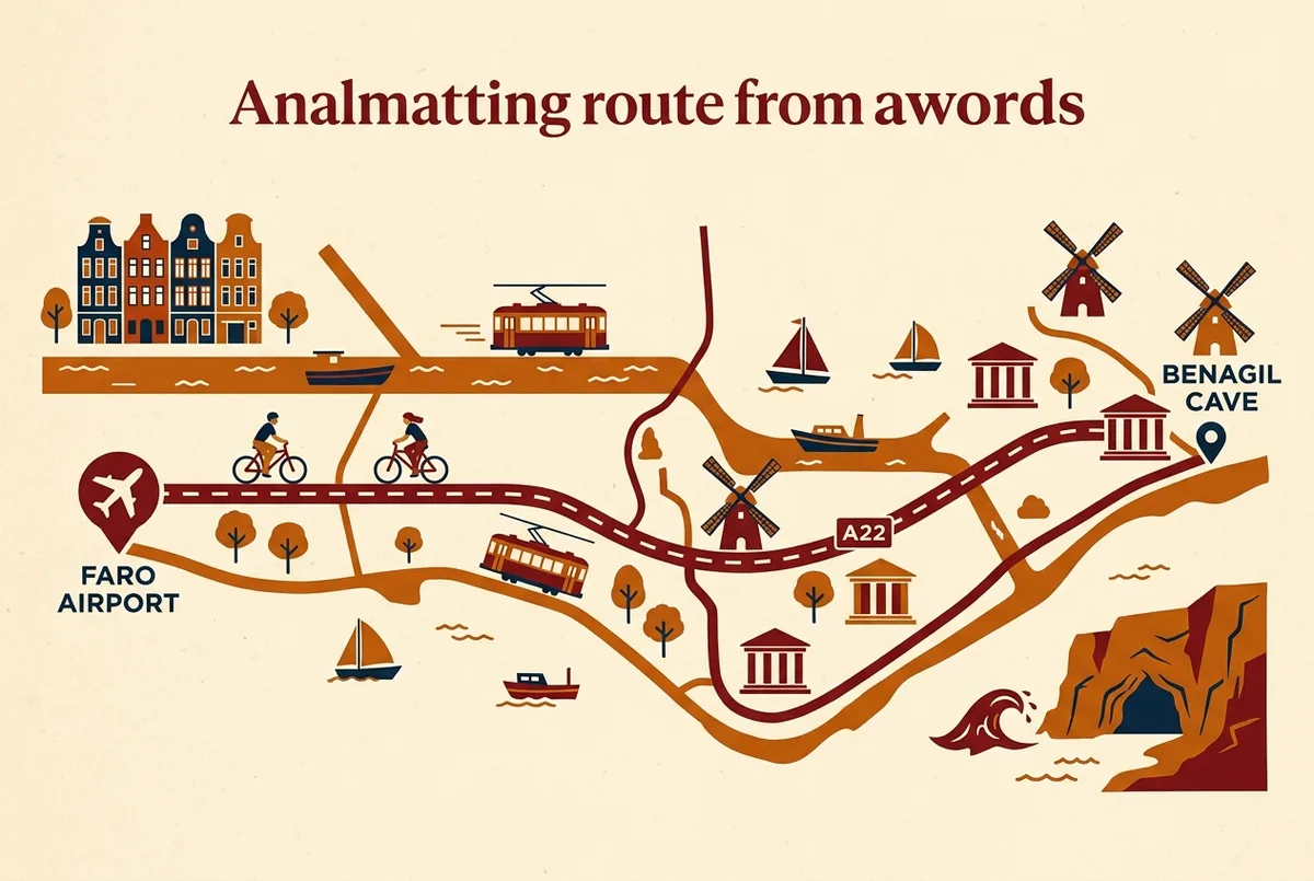 Simple route map infographic showing a line from Faro Airport along the A22 motorway to a labeled Benagil Cave pin, passing generic town and cliff icons