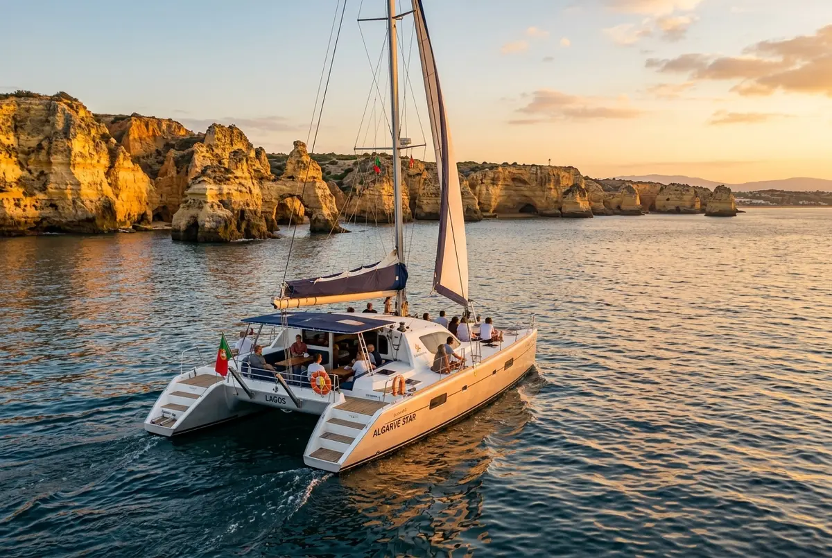Catamaran leaving Marina de Lagos at golden hour with the Algarve cliffs of Ponta da Piedade in the background, heading toward Benagil Cave