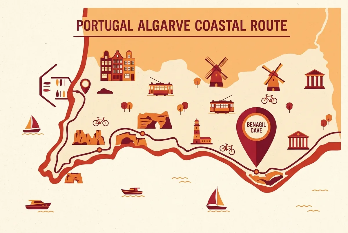 Simple route map infographic showing a line from Lagos marina along the coast to a labeled Benagil Cave pin, passing generic cliff and lighthouse icons