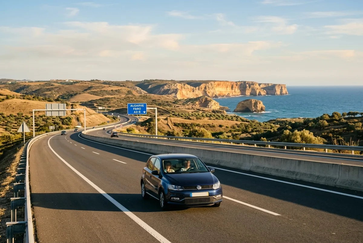 Car on a Portuguese motorway heading south from Lisbon toward the Algarve coastline with a distant view of cliffs above Benagil Cave