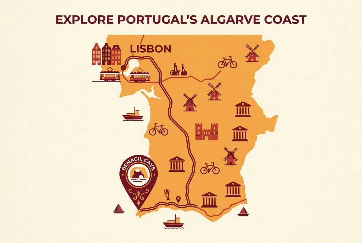 Simple route map infographic showing a line from Lisbon south along the A2 motorway to a labeled Benagil Cave pin on the Algarve coastline