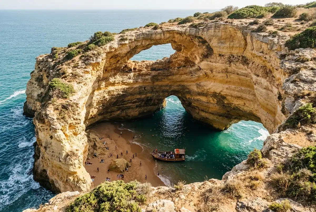 Wide aerial view of Algar de Benagil, the golden domed sea cave skylight on the Algarve coast, turquoise water and a small tour boat inside, cliffs framing the scene