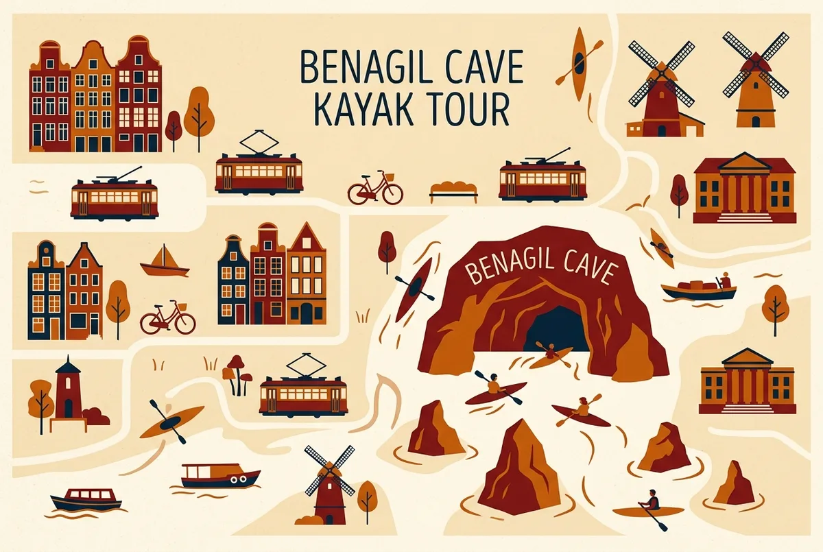 illustrated map of amsterdam highlights for Benagil Cave Kayak Tour: Guided & Self-Guided Options, benagil cave kayak tour