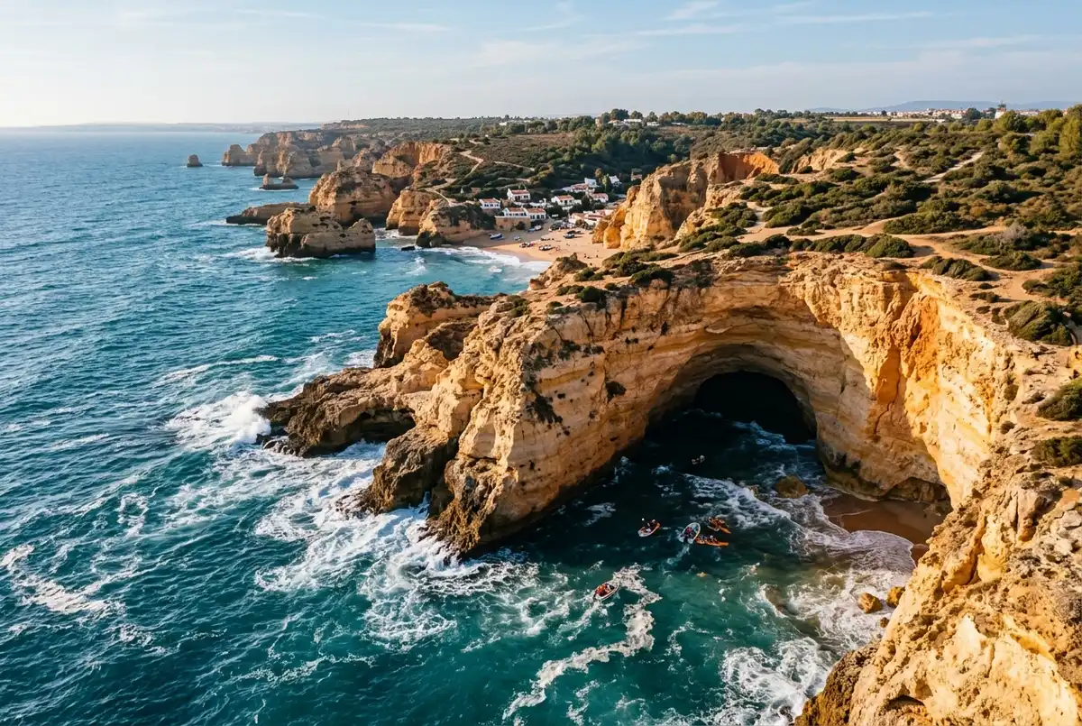Vue aerienne de la cote calcaire de l'Algarve pres de la grotte de Benagil carte, vagues se brisant contre des falaises dorees avec une entree de grotte marine visible