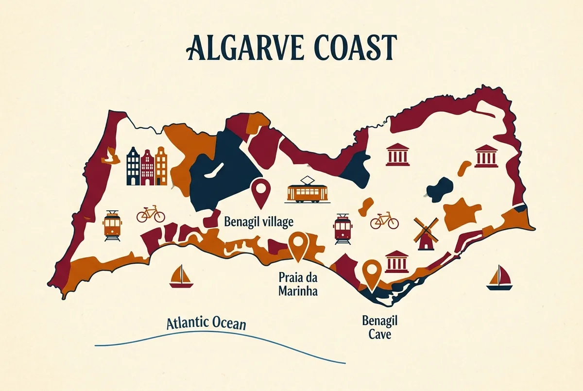 Carte simple etiquetee montrant la cote de l'Algarve avec le village de Benagil, Praia da Marinha et la grotte de Benagil carte marques par des icones d'epingles