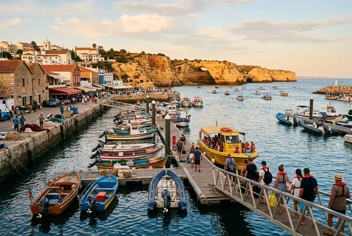 Small marina town harbor at Portimão with boats preparing to depart toward Benagil Cave along the Algarve coastline