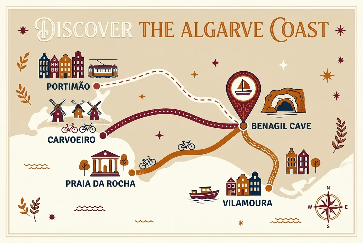 Simple route map infographic showing four short lines from Portimão, Carvoeiro, Praia da Rocha and Vilamoura converging on a labeled Benagil Cave pin