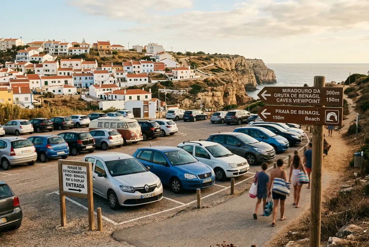 Cars parked in a small pay and display lot at the entrance of Benagil village with a footpath sign pointing toward the cave viewpoint