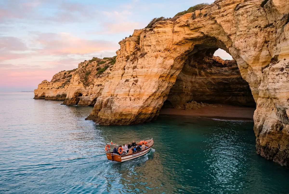 Small tour boat approaching the golden entrance of Benagil Cave at sunrise with soft pink light on the limestone cliffs and calm water below