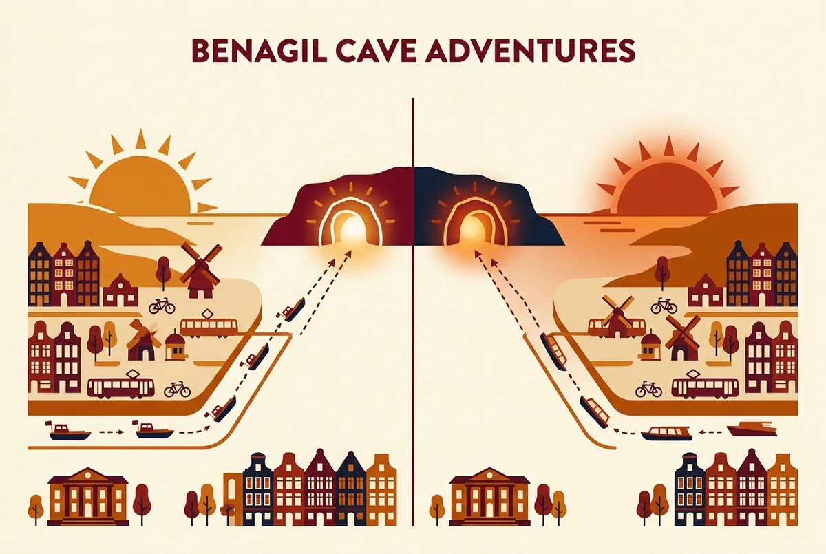 Split-scene infographic comparing a golden sunrise departure and a warm sunset departure both approaching a labeled Benagil Cave entrance icon