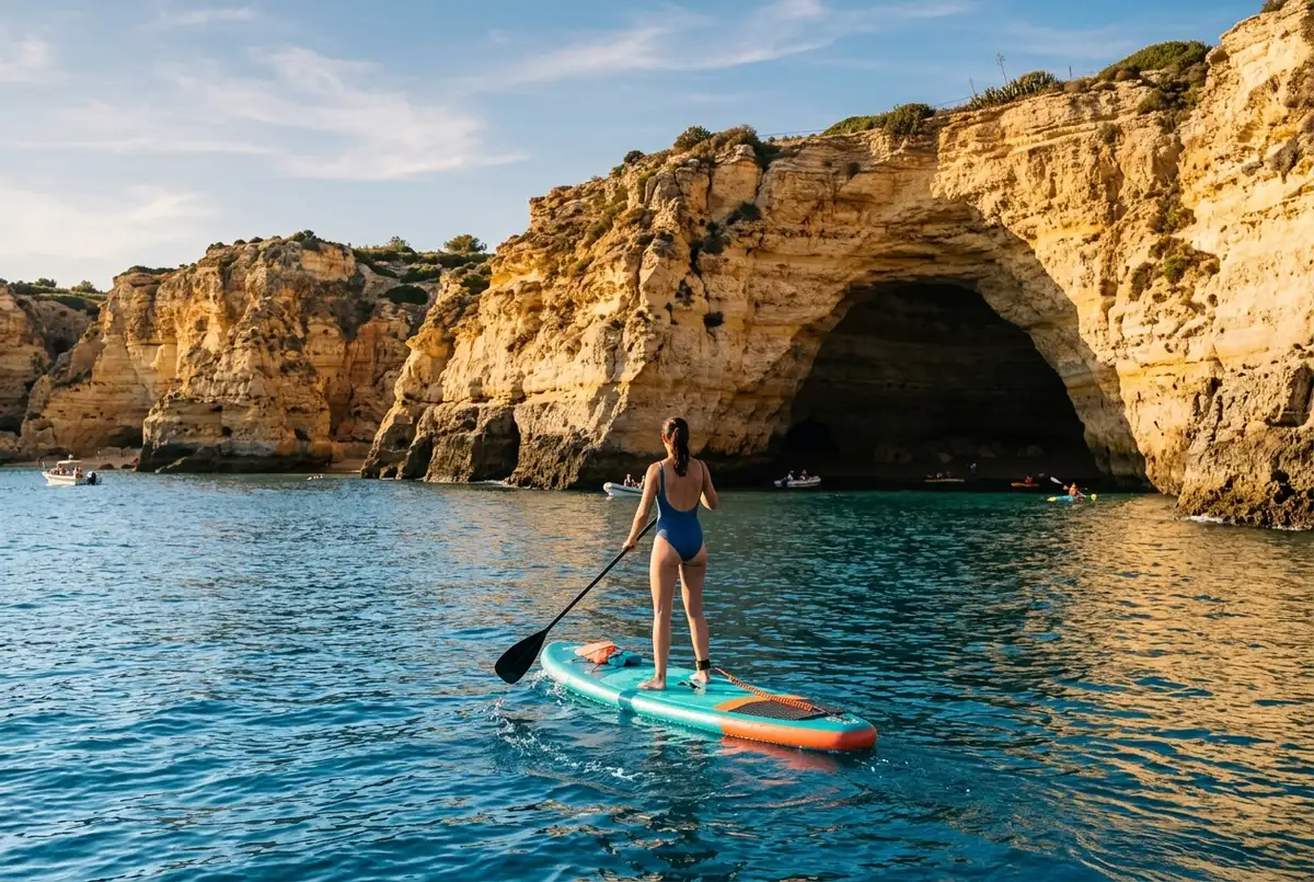 Paddler standing confidently on a stand up paddleboard gliding along golden limestone cliffs near the entrance to Benagil Cave