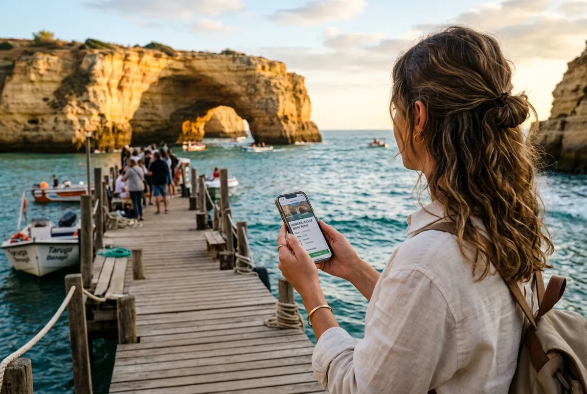 Traveler holding a phone showing a tour booking confirmation on a wooden pier with the golden entrance of Benagil Cave visible in the background