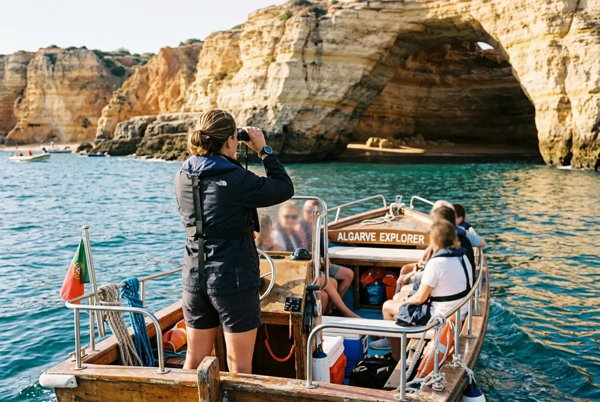 Licensed skipper in a life jacket checking sea conditions before guiding a small boat toward the entrance of Benagil Cave on a calm day