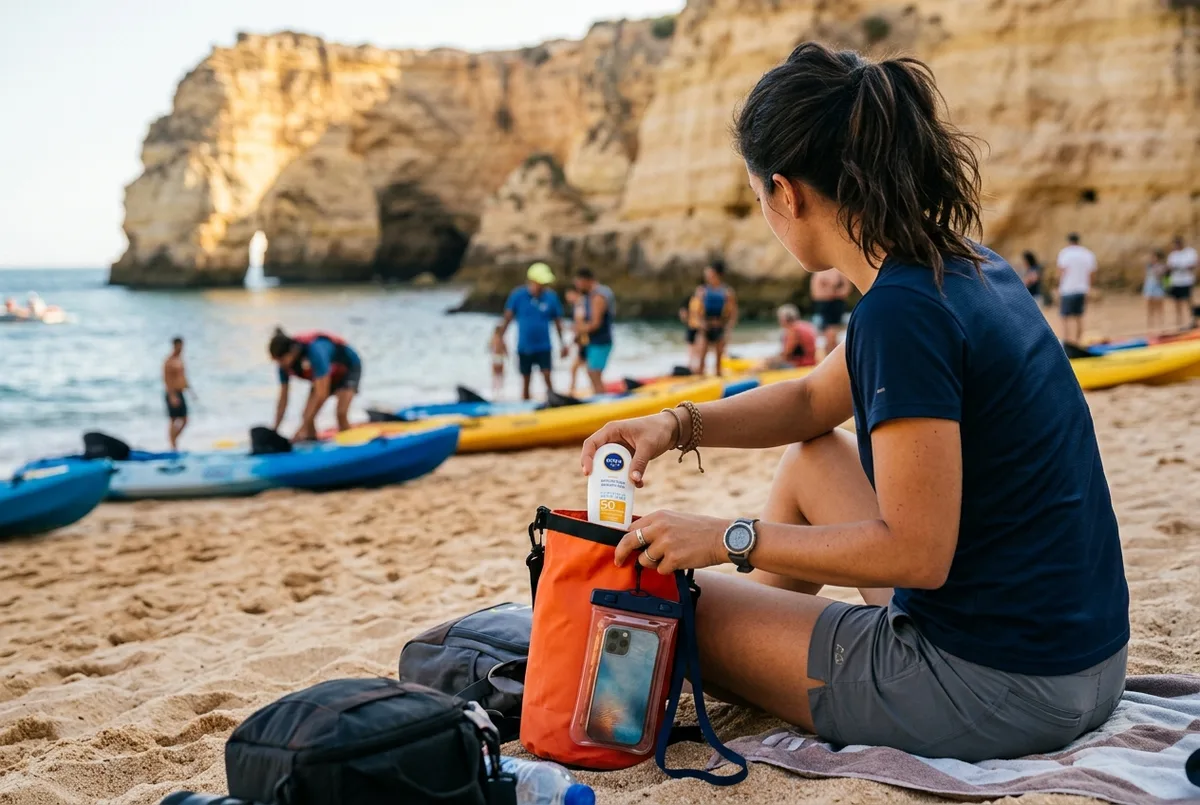 Traveler in quick-dry clothing packing a small dry bag with sunscreen and a waterproof phone pouch before a Benagil Cave guided tour