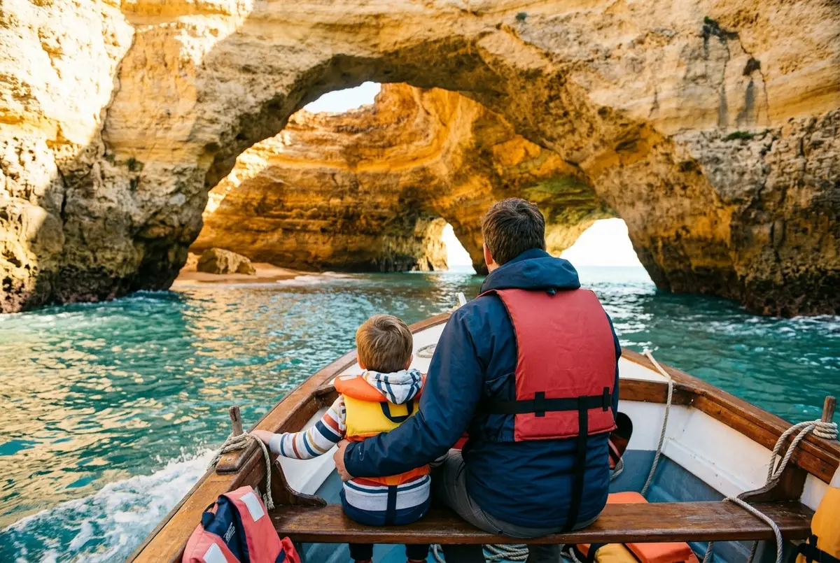 Parent and young child wearing properly fitted life jackets sitting together on a small boat approaching the golden entrance of Benagil Cave