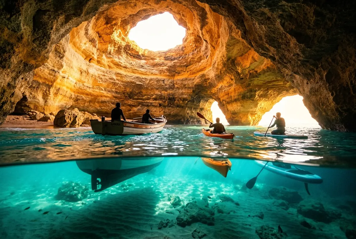 Split scene of a small boat, a sea kayak and a stand up paddleboard all approaching the golden skylight of Algar de Benagil at sunrise, turquoise water below