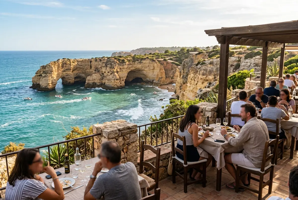 Clifftop cafe terrace overlooking the Algarve coastline near Benagil, diners enjoying a meal with a distant view toward the cave