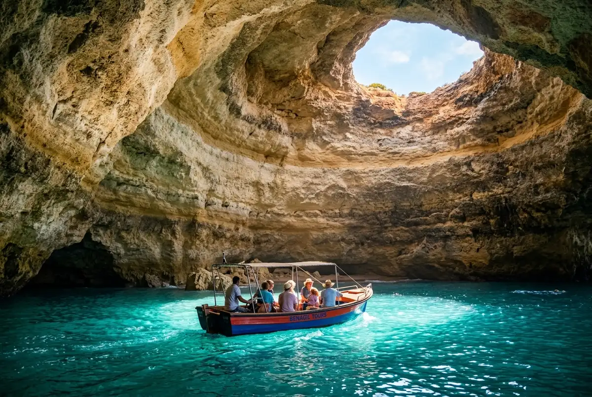 Small tour boat gliding beneath the cathedral-like domed roof of Algar de Benagil, sea caves of benagil coastline, sunlight streaming through the skylight onto turquoise water