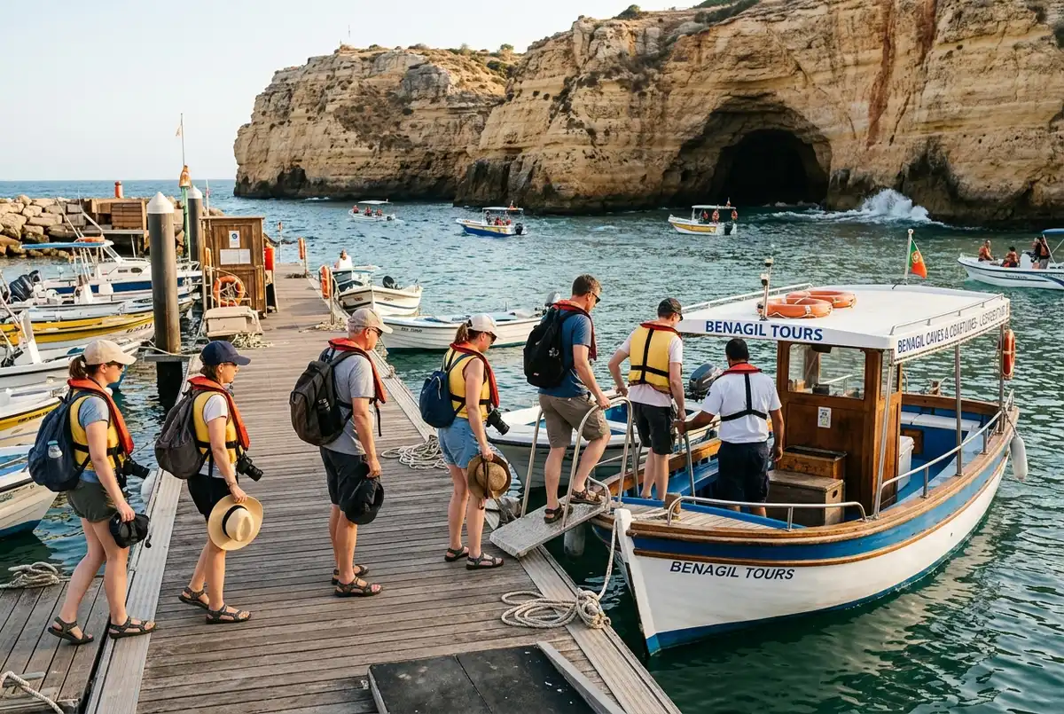 Petit groupe de voyageurs en gilets de sauvetage embarquant sur un bateau agree a un ponton de marina, dome dore de la grotte de Benagil visible au loin