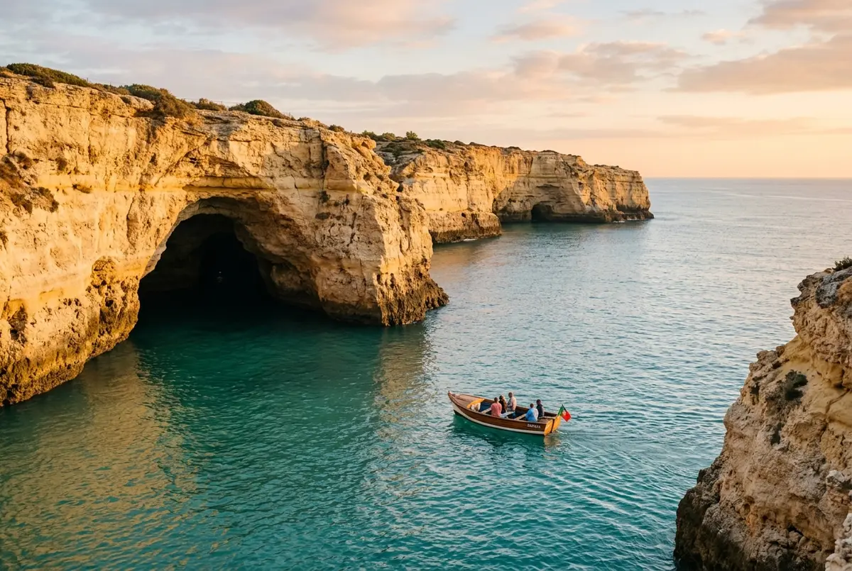 Calm turquoise sea at sunrise near Benagil cave, soft golden light on the cliffs and one small tour boat approaching the cave entrance with no crowds