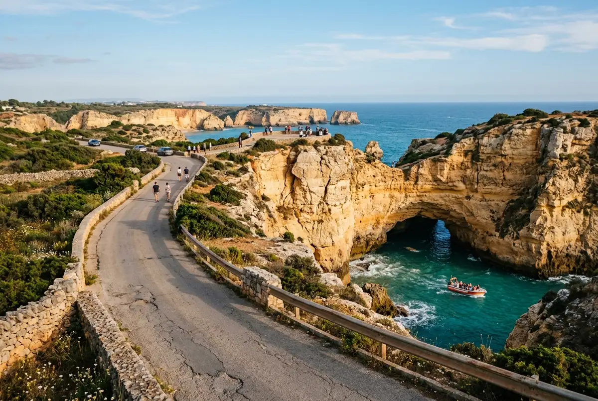 Winding Algarve coastal road leading toward a clifftop viewpoint over Benagil Cave, with a small tour boat visible on the turquoise water below