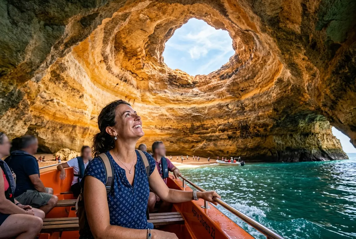 Traveler smiling while looking up through the golden skylight of Benagil cave from a small tour boat, genuine expression capturing whether the visit is worth it