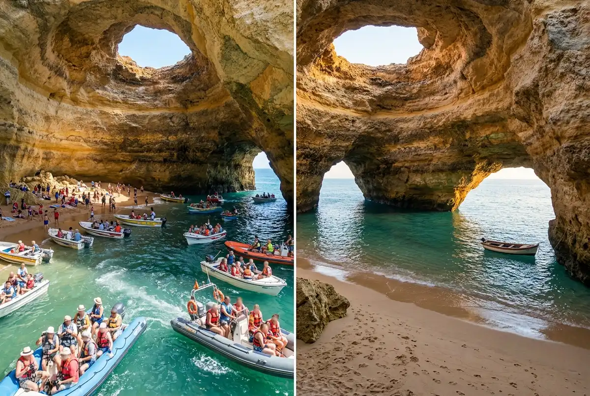 Simple before and after style graphic contrasting a crowded midday Benagil cave scene with several boats against a calm, uncrowded early morning scene at the same cave entrance