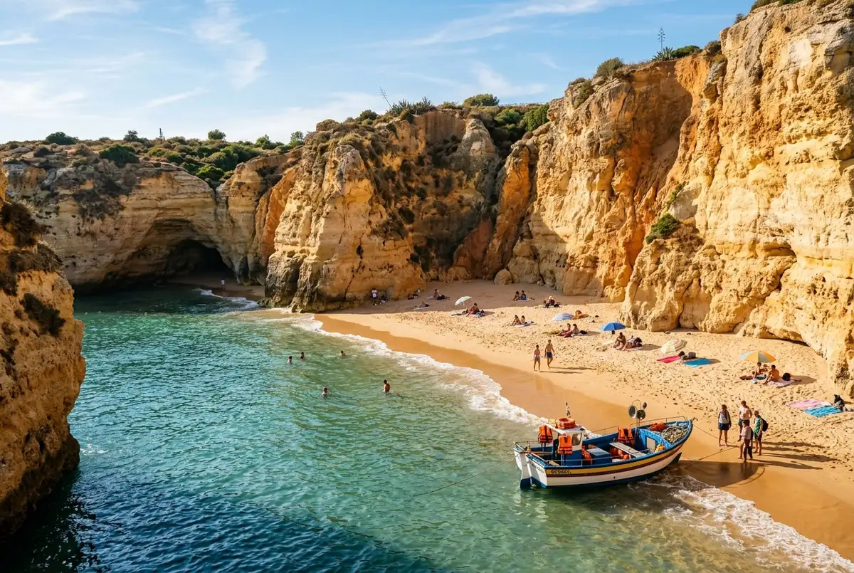 Petite crique de sable dore de la plage de Benagil encadree par des falaises calcaires, quelques baigneurs et un bateau de depart pres du rivage