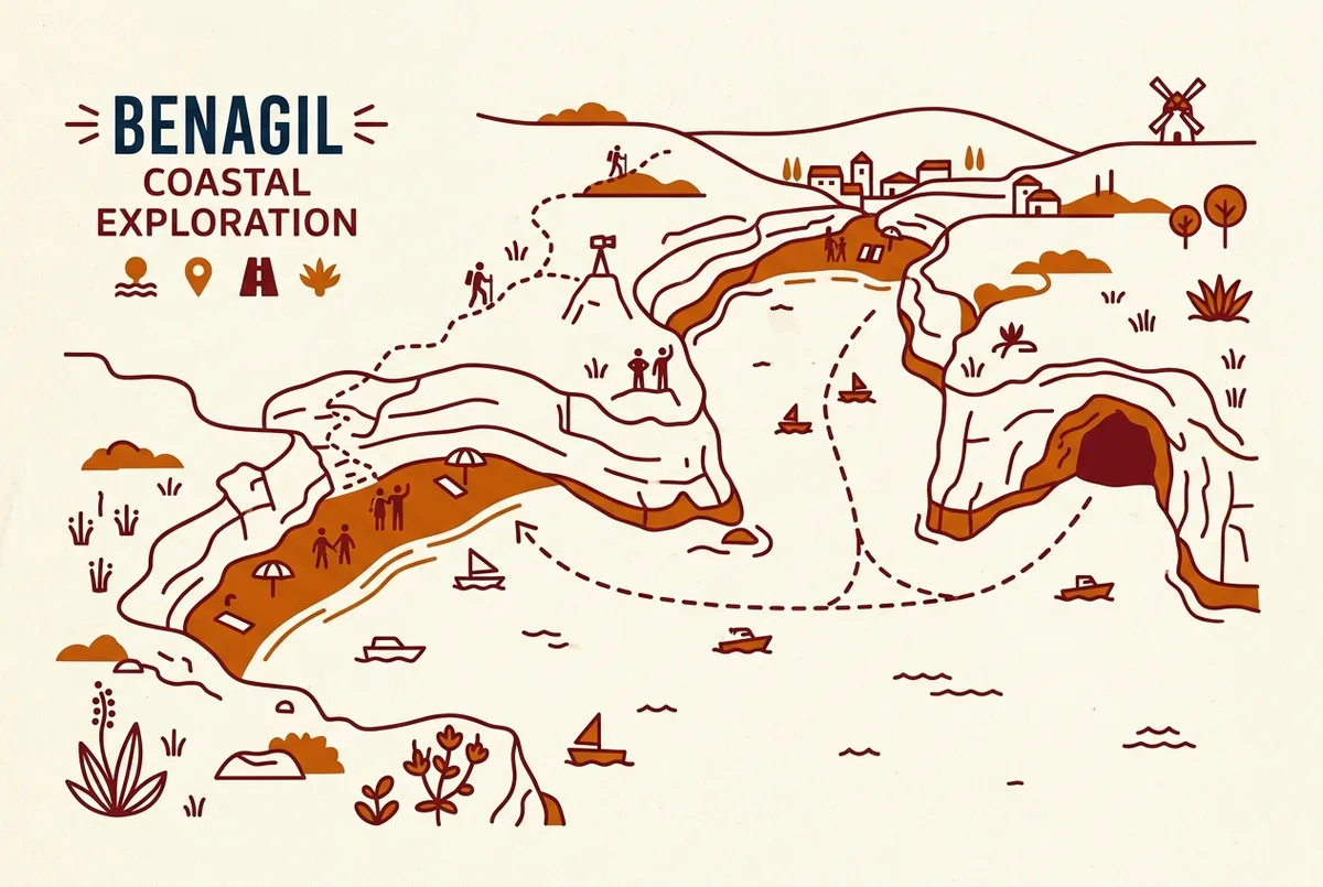 Carte simple etiquetee montrant la plage de Benagil, le sentier reliant le point de vue en falaise, et le trajet en mer separe vers l'Algar de Benagil