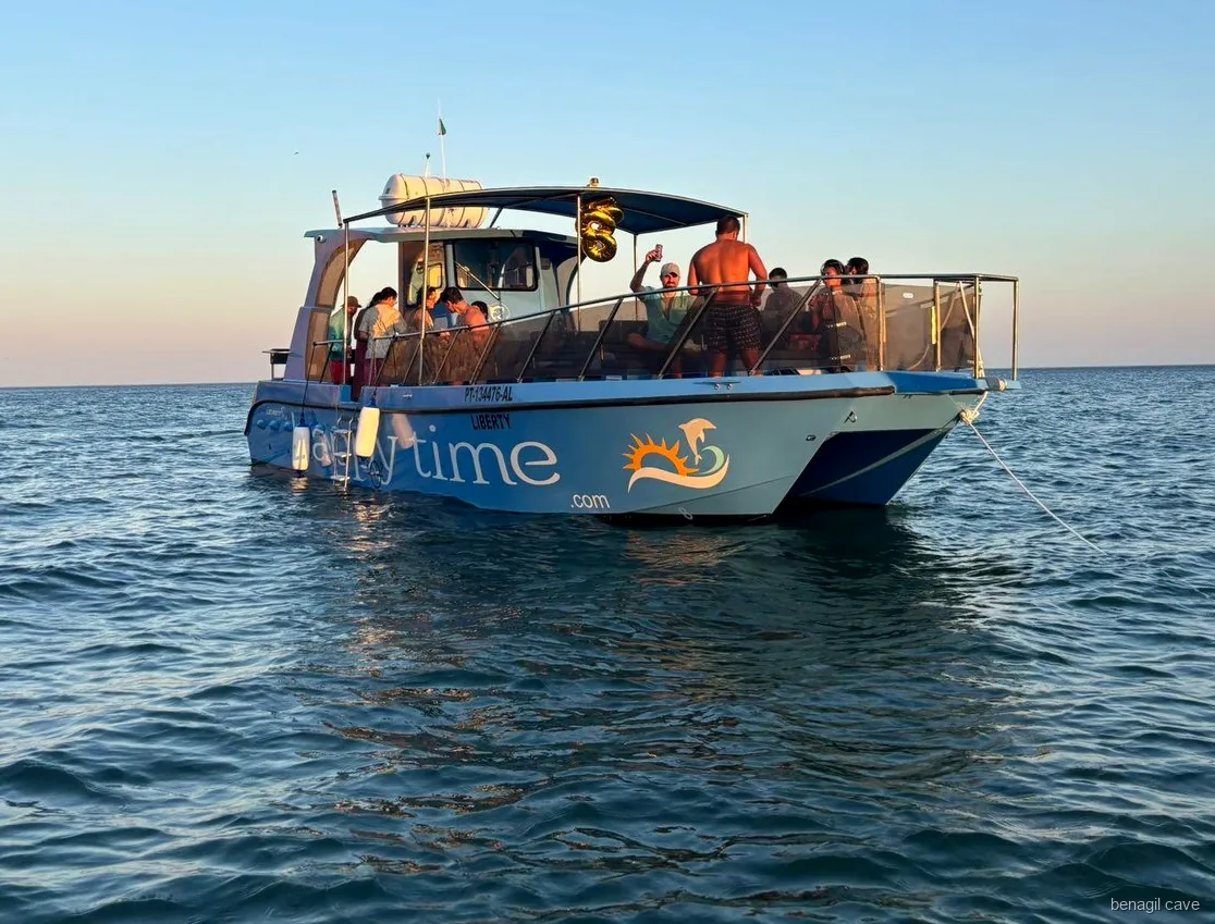 Family group on the catamaran deck during the Lagos to Benagil Cave tour